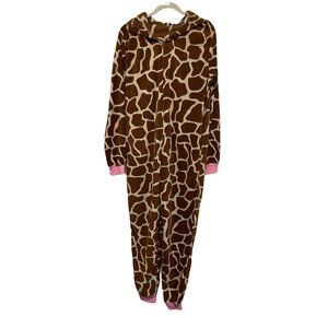 Just Love Pajamas Womens Adult Fleece  Animal Print Brown Beige Giraffe Hooded L